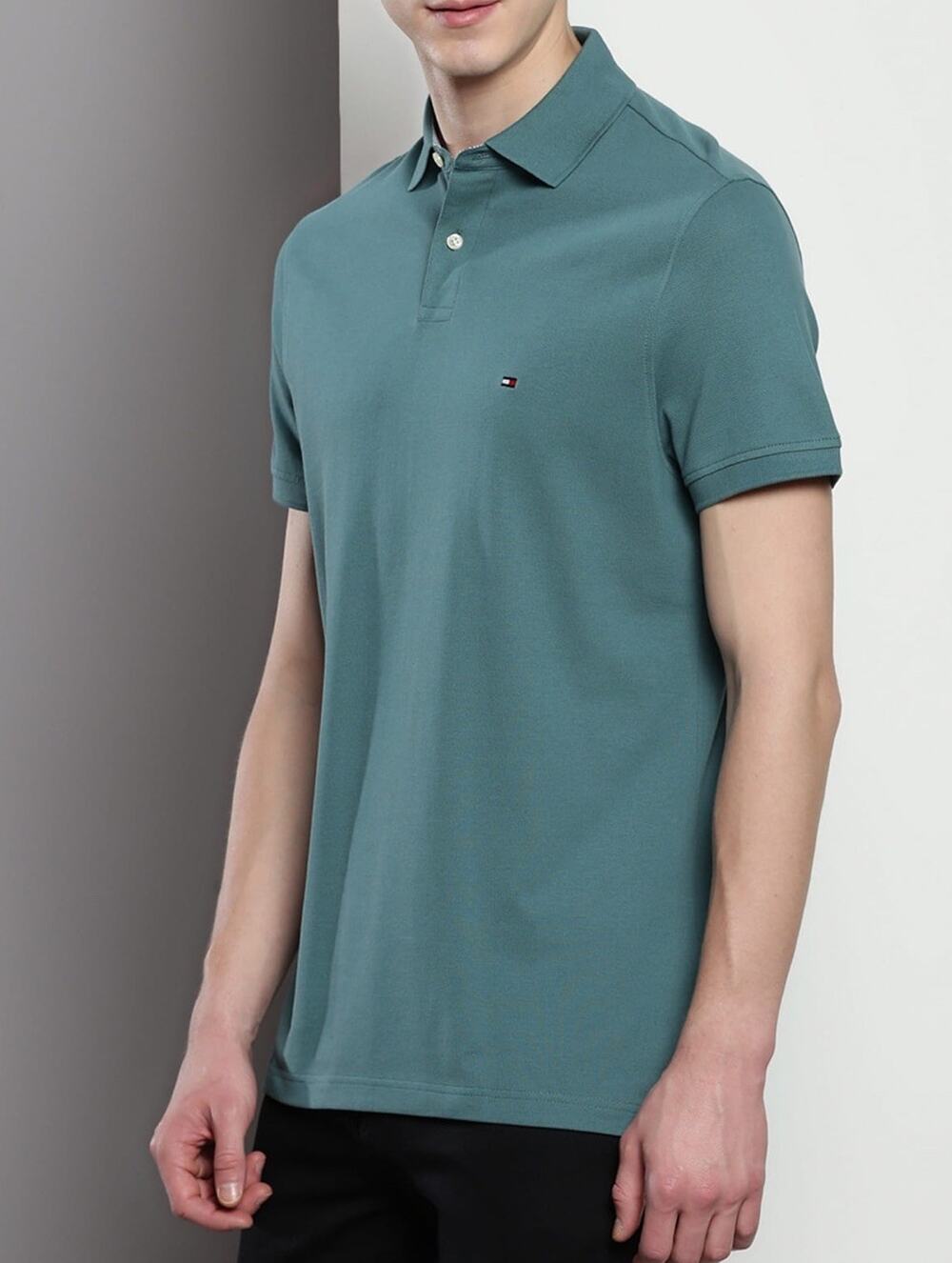 Tommy Hilfiger Men’s Green Polo Shirt Short Sleeve - Regular Fit Stretch Size L